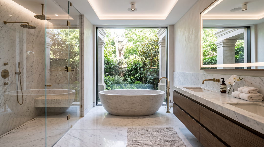 Marble bathroom with freestanding tub and brass fixtures installed by Karim Plumbing and Sewer